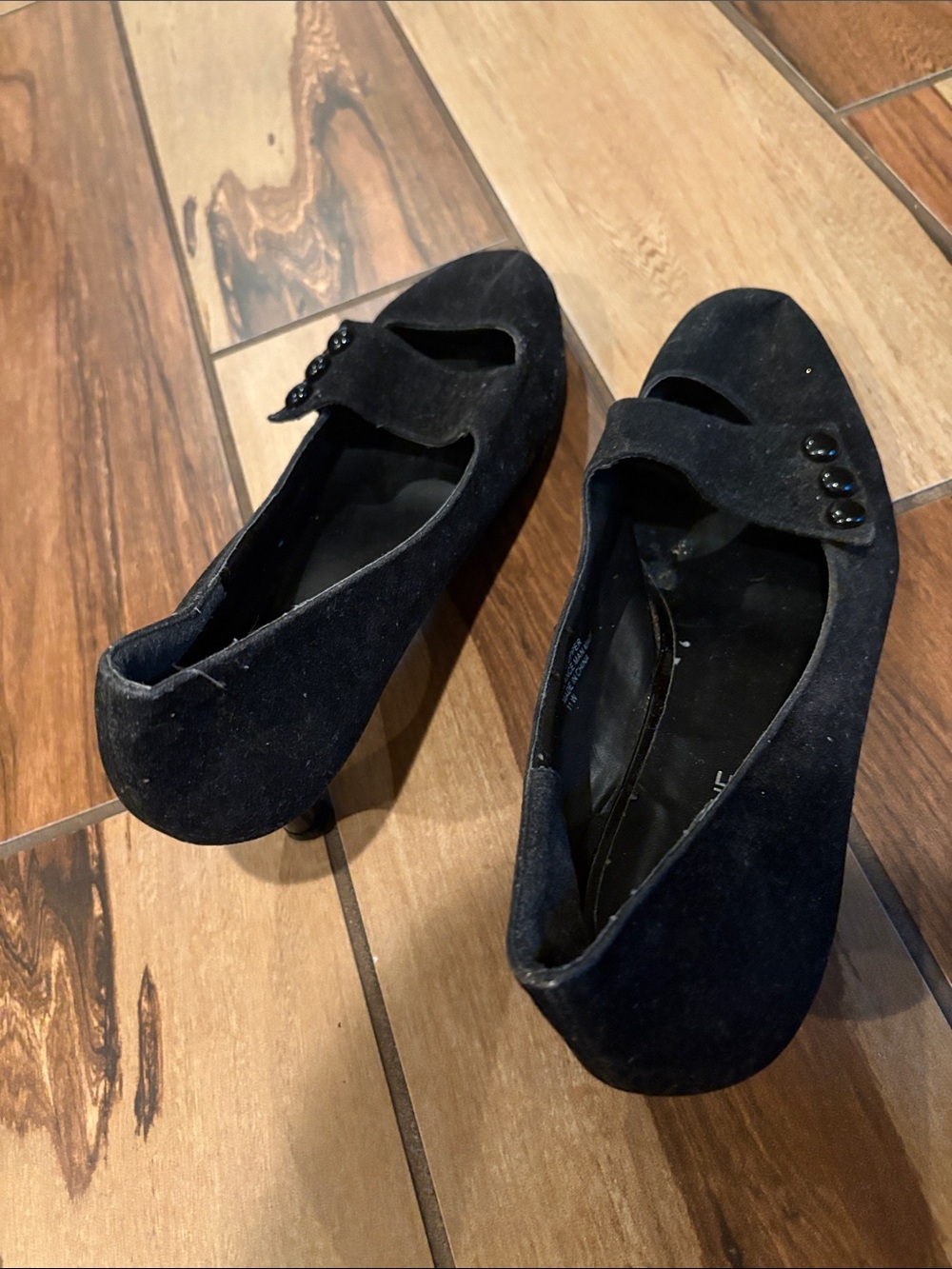 Black Suede Mary Jane Heels with Button Strap